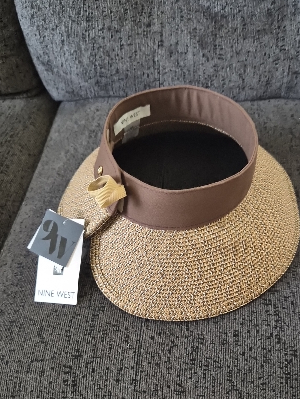 Nine West Brown and Tan Straw Visor with Decorative Bow